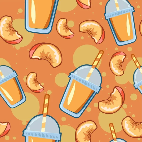 生のシームレスなパターンのプラスチックカップで桃のスライスとアプリコットジュース 新鮮なフルーツ飲料と夏の繰り返しの背景 — ストックベクタ