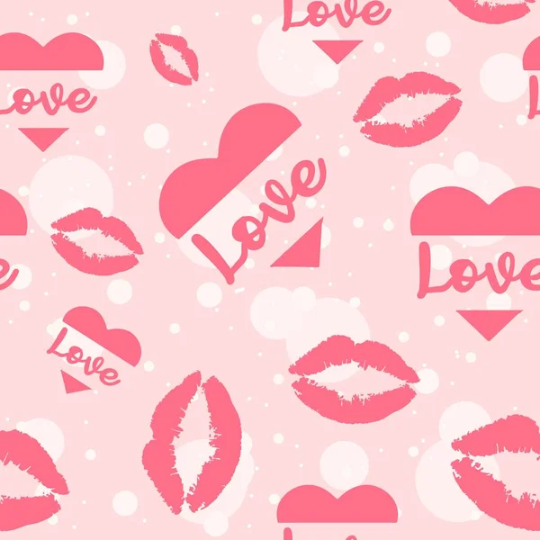Hearts Kisses Pink Seamless Pattern White Circles Background Repetitive Motif — Stock Vector