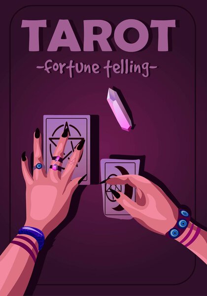 Tarot reading poster with purple violet lighting and text. Fortune telling, witch hands holding two cards in her hands illustration.