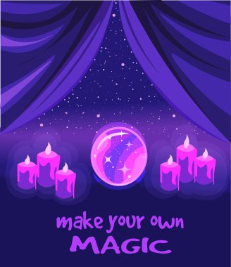 Kendi sihrini yap, fal bakmakla ilgili Violet posteri. Kristal küre ve mumlar yıldızlı gökyüzünün altında.