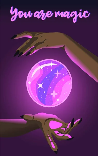 輝く魔法のクリスタルボールを浮かべるために黒の女性 テキスト付きのポスター 未来を予測する魔女 — ストックベクタ
