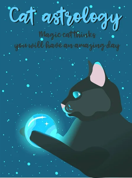 Astrologisk Svart Katt Med Måne Tassarna Konceptuell Affisch Trollkarlens Mörka — Stock vektor
