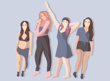 Bir grup arkadaş poz veriyor. Ayakta duran kadınların ön görüntüsü. Yaz kıyafetleri giyen dört kız karakter..