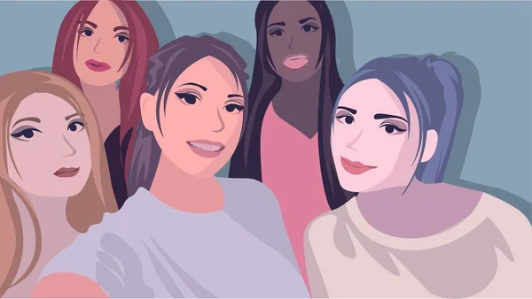 Ilustración Plana Con Cinco Chicas Tomando Una Selfie Razas Mixtas — Vector de stock