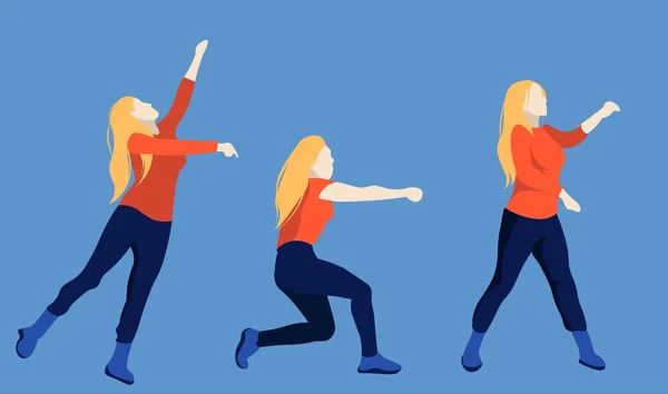 Üç pozun düz çizimi, elleri havada ve itişen kadınlar.