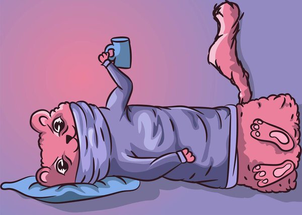 Розовый уставший хорек в синем свитере, лежащий на подушке с чашкой кофе в руках. Концептуальный рисунок о атмосфере понедельника
.