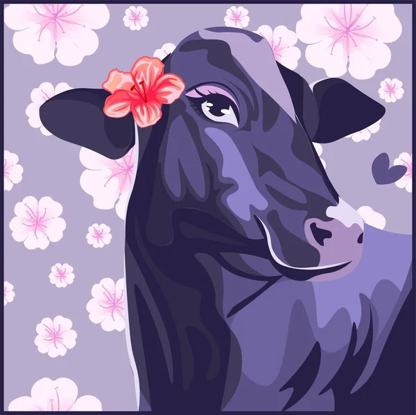 紫色奶牛 耳朵上有芙蓉花 美丽的农场动物 大眼睛望着春天的花朵背景 花朵盛开 — 图库矢量图片