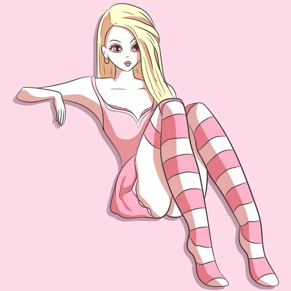 Kawaii女孩穿着淡淡的粉红裙子和条纹袜子摆姿势 可敬的卡通人物坐在家里无聊 — 图库矢量图片