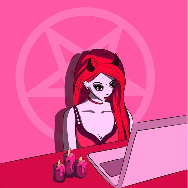 Succubus Merah Muda Menonton Film Laptop Neon Dan Wanita Iblis - Stok Vektor