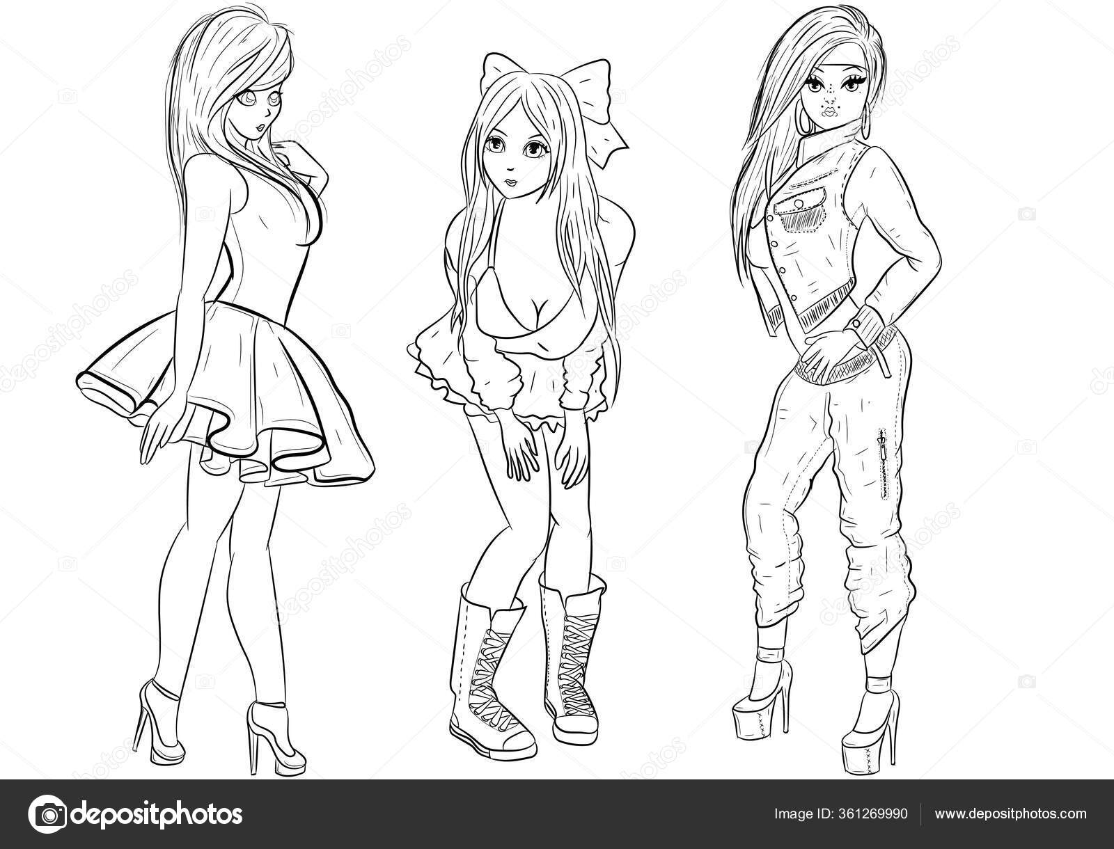 Desenho De Páginas Para Colorir Kawaii Esboço Anime Menina Vetor