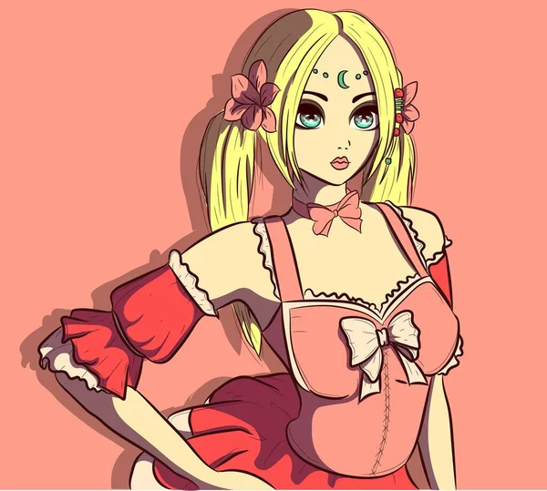 Cosplayer Anime Pirang Mengenakan Kostum Pembantu Dan Dua Bunga Lolita - Stok Vektor