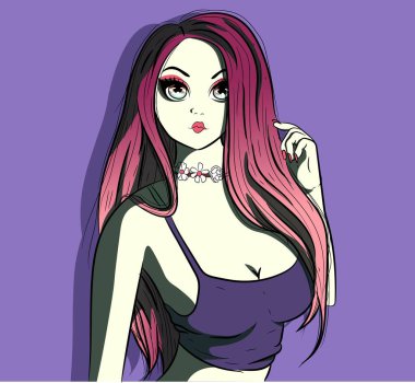 Anime grunge kızı mor spor sutyen giyiyor. Gotik görünümlü manga tarzı avatar.