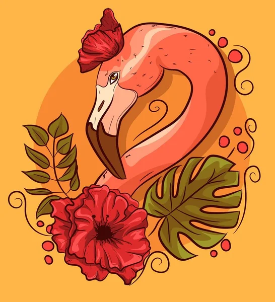 Tête Flamant Rose Avec Des Coquelicots Des Feuilles Monstère Oiseau — Image vectorielle