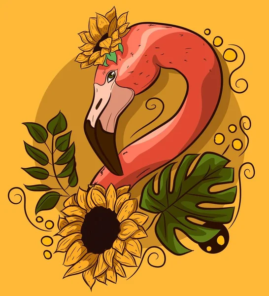 Dibujo Vectorial Floral Con Cuello Flamenco Con Flores Pájaro Exótico — Vector de stock