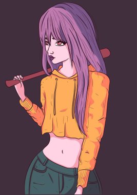 Beyzbol sopalı genç bir kadın. Mor saçlı, sarı bluzlu ve kot pantolonlu bir kız..