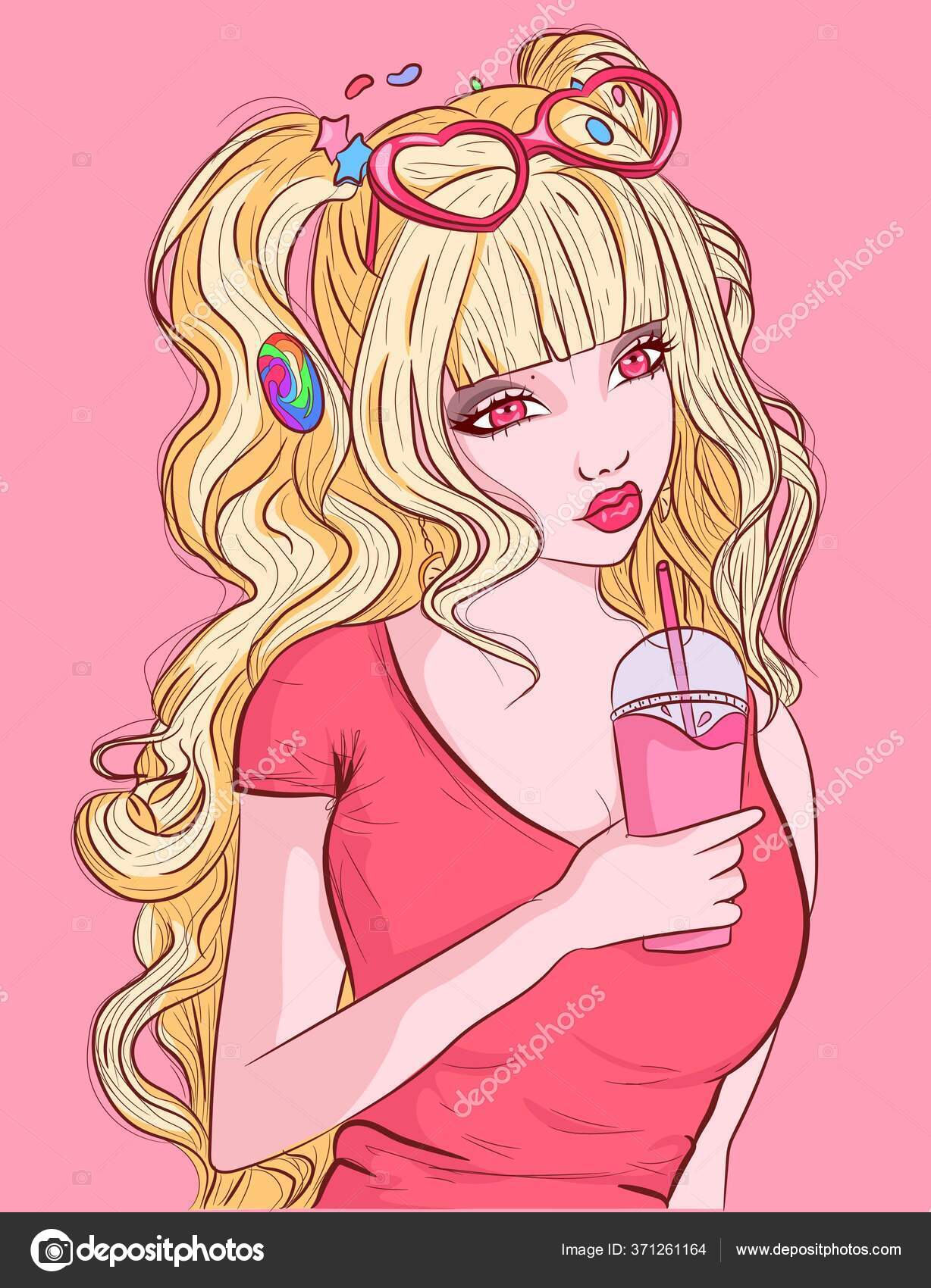 Desenho animado no estilo kawaii de uma linda garota com cabelo colorido  segurando uma boneca de cabelo cor-de-rosa