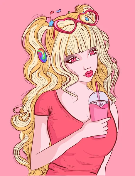 Gadis Anime Berambut Pirang Memegang Secangkir Plastik Tangannya Wanita Pink Stok Ilustrasi 