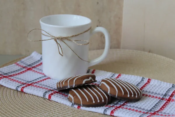 Kekse Tasse Süßwaren Frühstück Morgens Weiß — Stockfoto