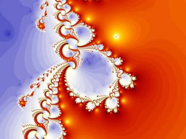 Açık mavi arka planda parlak ışık kaynaklı turuncu girdaplar. Fraktal.