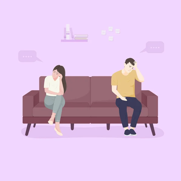 Stressed Married Couple Sitting Separately Different Sides Couch Getting Divorce — Stock Vector