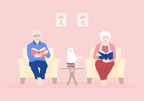 古い夫婦は白い猫とリビングルームで本を読んでいます 平面キャラクターベクトルイラスト — ストックベクタ