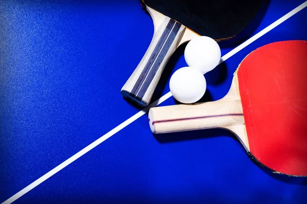 Rackets Balls Table Tennis Blue Background White Lines — 스톡 사진