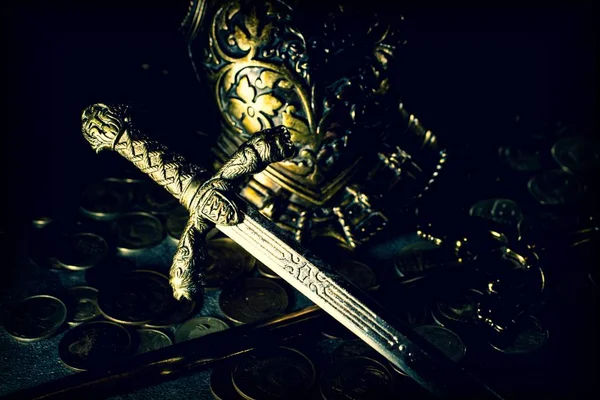 Knight Sword Armor Dark Background Coins — 스톡 사진