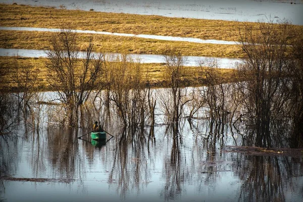 Лодка Рыбаками Воде Среди Затопленных Деревьев Время Весеннего Наводнения — стоковое фото