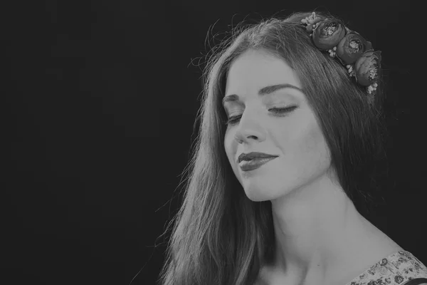 Woman with beautiful hair black and white portrait