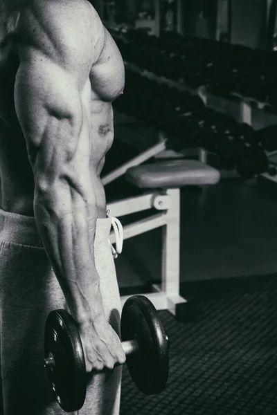 英俊的权力健壮的男人在训练肌肉与抽油机 — 图库照片