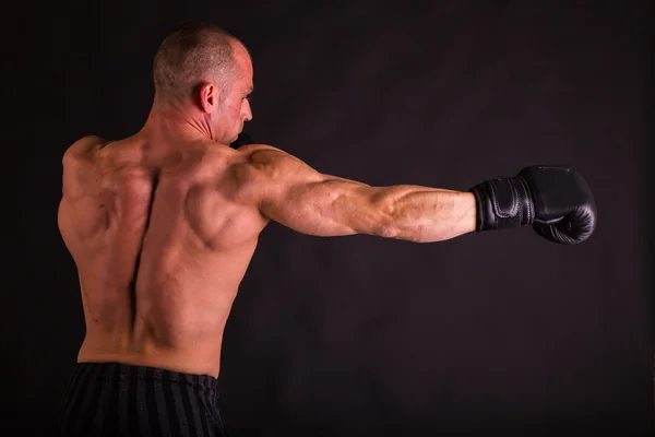 Lihaksikas mies nyrkkeilyhanskat — kuvapankkivalokuva