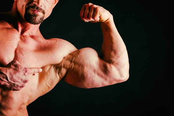 Healthy muscular body bodybuilder on a black background Stock Image