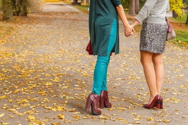 Гуляющие женщины друзья в осеннем парке — стоковое фото