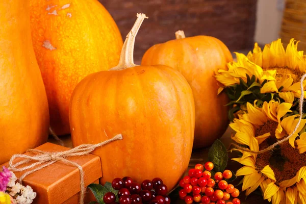 Zucche di autunno con fiori su asse di legno. Haloween — Foto Stock