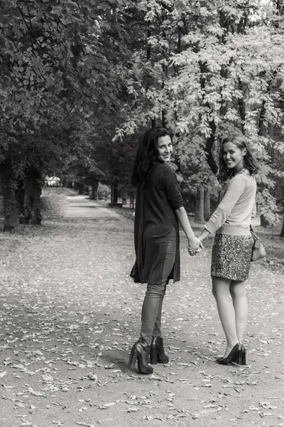 Chodí kamarádky na podzim park — Stock fotografie