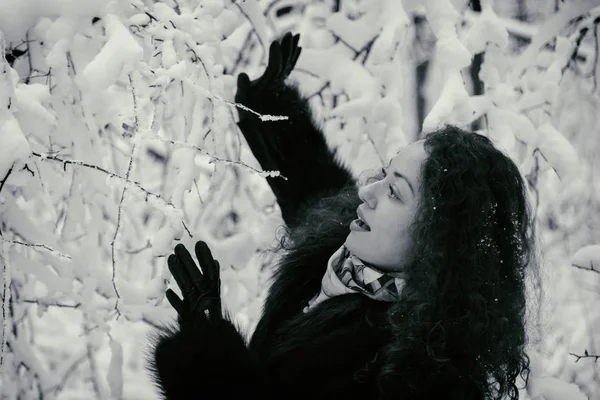 Winter frost. Beautiful woman in a fur coat — Stock Photo, Image