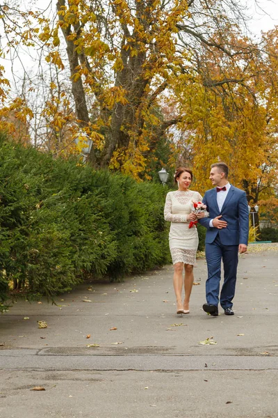 Esküvői, a séta, a vőlegény és a menyasszony — Stock Fotó