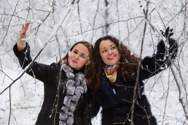 Two woman in winter forest — Stock Photo, Image