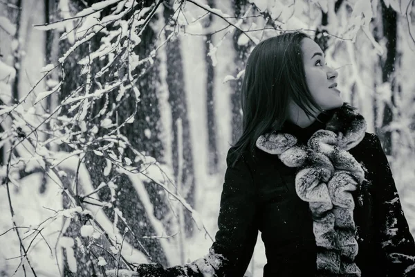 Retrato de uma menina bonita em um casaco de pele no inverno — Fotografia de Stock