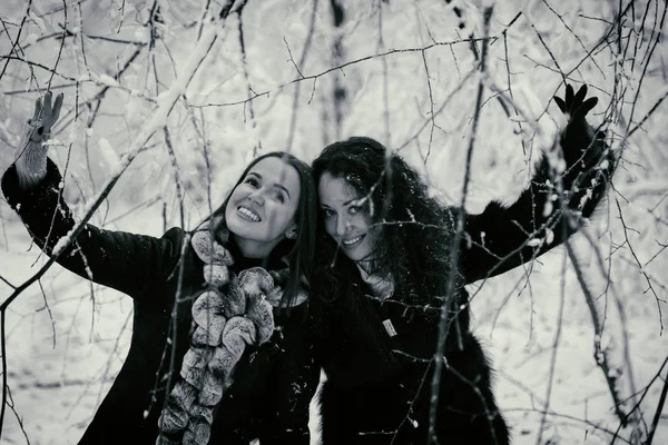 Two woman in winter forest — Stock Photo, Image