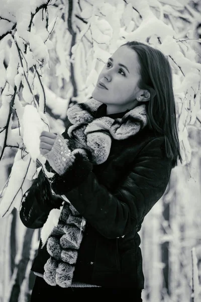 Retrato de uma menina bonita em um casaco de pele no inverno — Fotografia de Stock