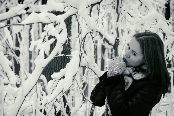 Retrato de uma menina bonita em um casaco de pele no inverno — Fotografia de Stock