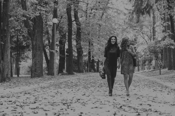 Walk girlfriends in autumn park — Stock Photo, Image