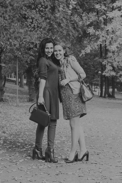 Walk girlfriends in autumn park — Stock Photo, Image