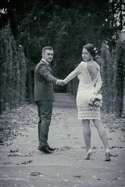 Esküvői, a séta, a vőlegény és a menyasszony — Stock Fotó