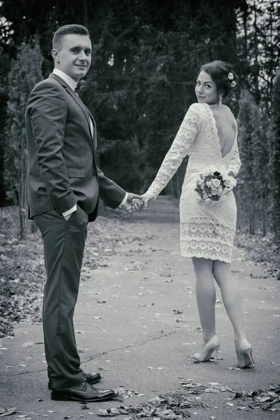 Ślub, spacerem, pan młody i Panna Młoda — Zdjęcie stockowe