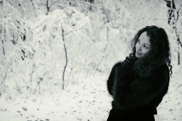 Téli fagy. Gyönyörű nő egy bundát — Stock Fotó