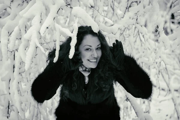 Retrato de una hermosa chica con abrigo de piel en invierno — Foto de Stock