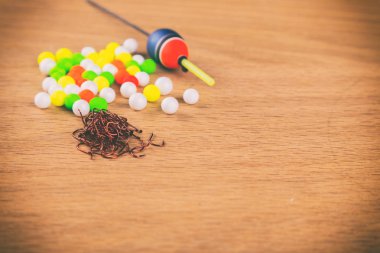 Ahşap arka plan üzerinde Balık tutma araçları