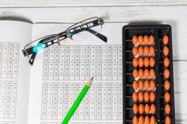 Masanın üzerine Japon aritmetik, abaküs.